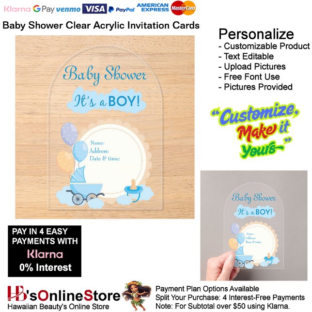 It's a Boy Baby Shower Invitation Card 17 (Boy's Baby Shower Birth Party Supplies Celebrate Clear Acrylic Invitations 17.)
