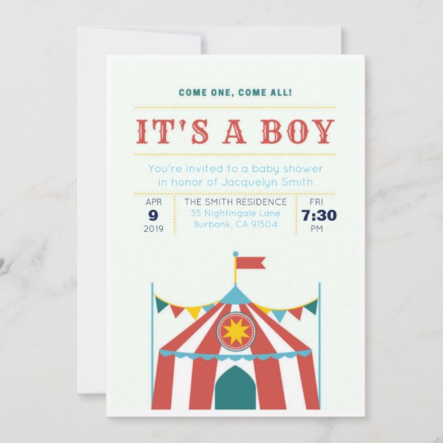 It's A Boy Baby Shower Invitation Circus (Front)