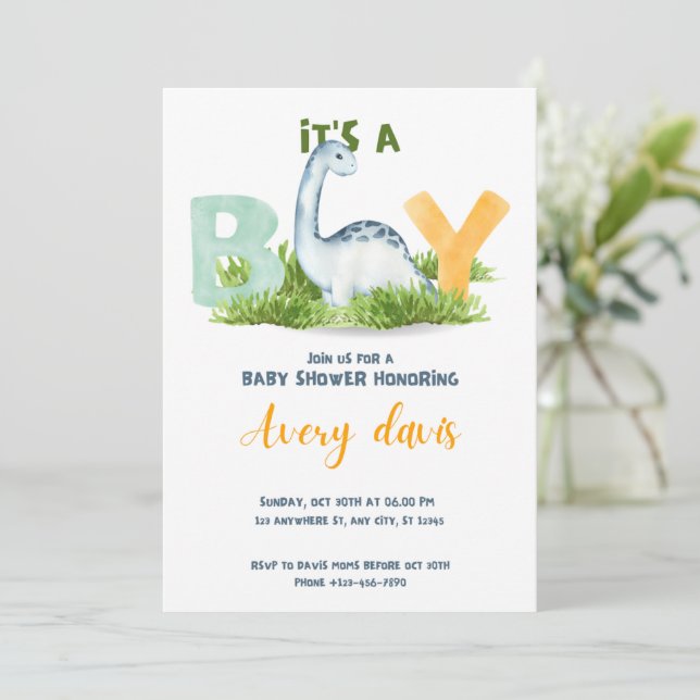 it's a boy, baby shower invitation, cute dinosaur holiday card (Standing Front)