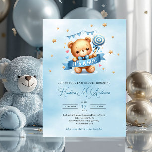 It's a boy baby shower invitation teddy bear