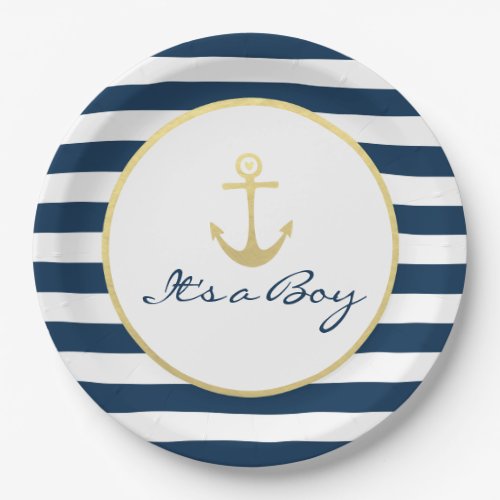 Its a Boy Baby Shower Nautical Navy Stripe Gold Paper Plates