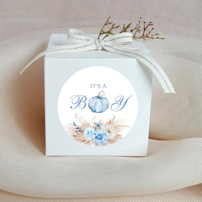 It's a Boy Baby Shower Pumpkin Classic Round Sticker (Creator Uploaded)