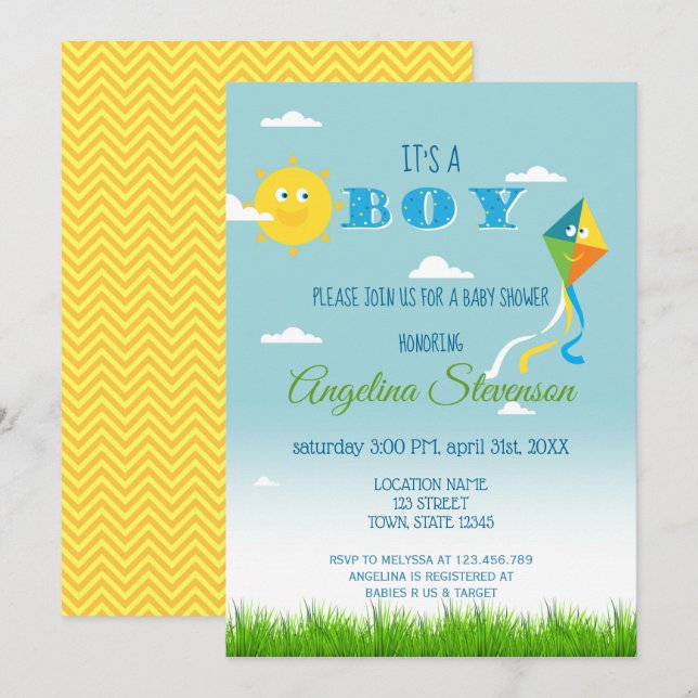 It's a Boy Baby Shower Sun Kite Cute Spring Summer Invitation (Front/Back)
