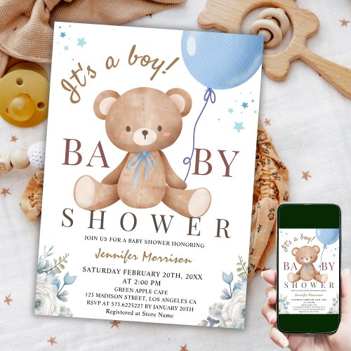 Its a Boy  Baby Shower Teddy Bear Blue Balloon  Invitation