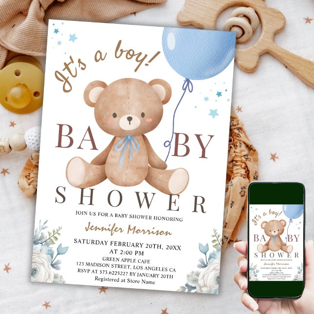 It's a Boy | Baby Shower Teddy Bear Blue Balloon  Invitation (Creator Uploaded)