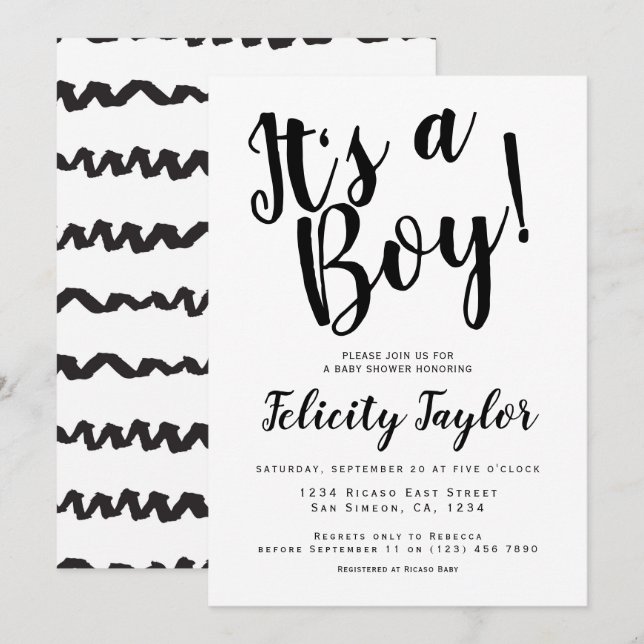 Its A Boy Baby Shower Typography Black White Invitation (Front/Back)