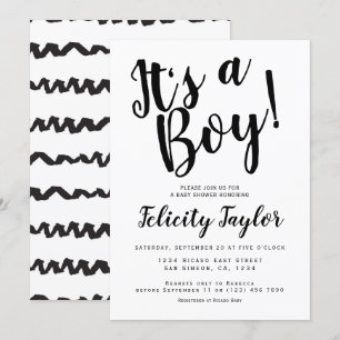 Its A Boy Baby Shower Typography Black White Invitation