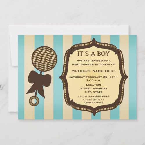 It's A Boy Baby Shower Vintage Rattle Blue Stripes Custom Invite