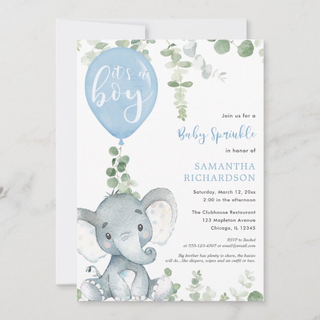 It's a boy baby sprinkle cute elephant balloon invitation (Front)