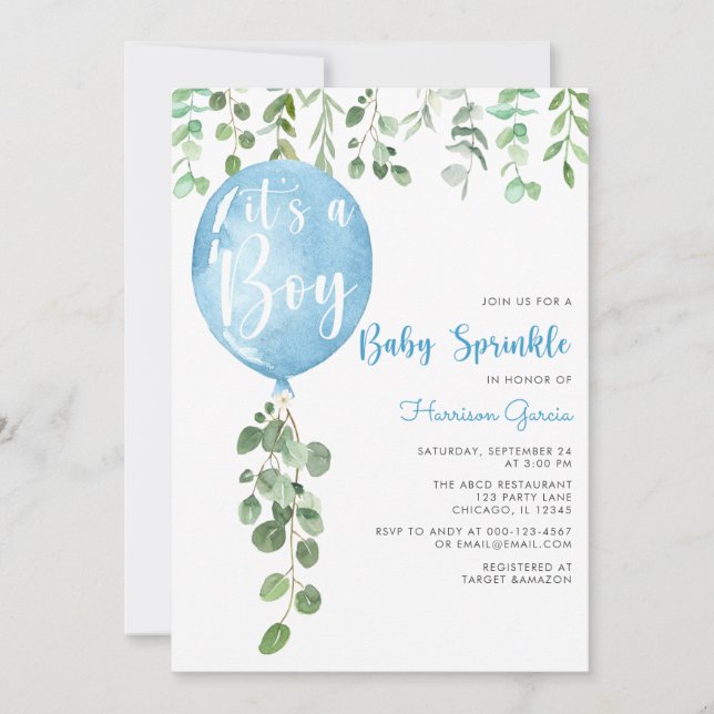 It's a boy baby sprinkle eucalyptus balloon invita invitation (Front)