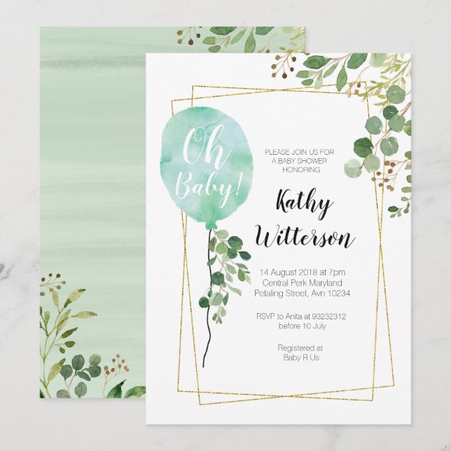 It's a boy Ballon Greenery oh baby shower Invitation (Front/Back)