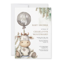 It's A Boy Balloon Cow Baby Shower Invitation