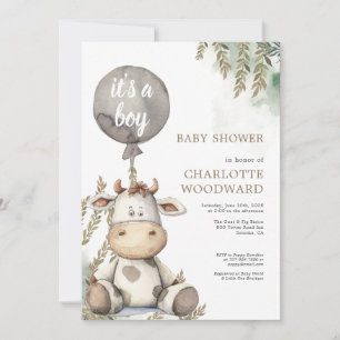 It's A Boy Balloon Cow Baby Shower Invitation