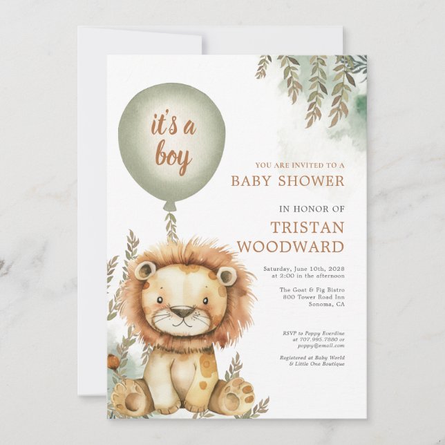 It's A Boy Balloon Lion Baby Shower Invitation (Front)