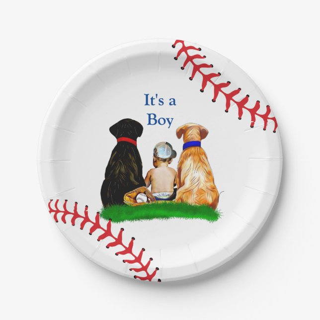 It's a Boy, | Baseball Themed Baby Shower Paper Plates (Front)