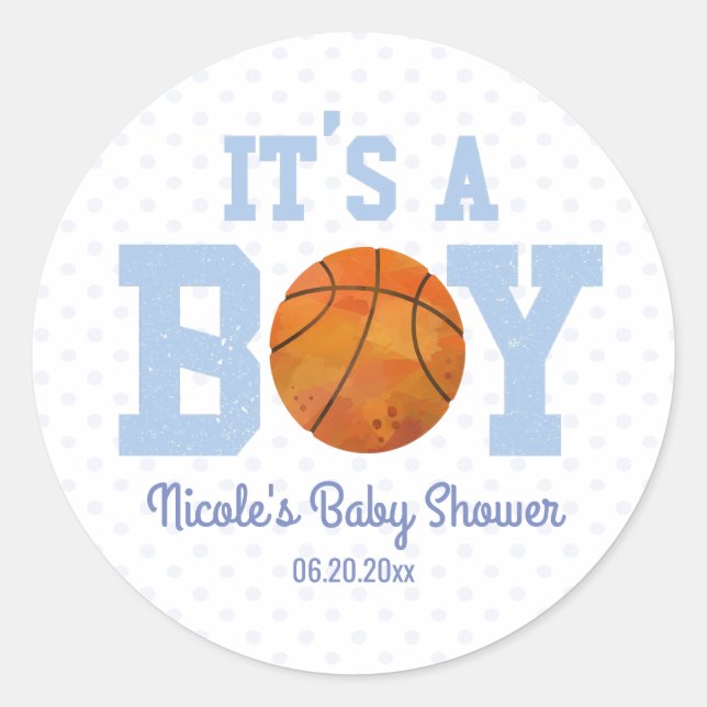It's A Boy! Basketball Baby Shower Party Favor Classic Round Sticker (Front)