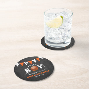It's A Boy! Basketball Themed Co-ed Baby Shower Round Paper Coaster