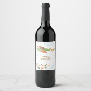 It's A Boy Bear Airplane Sky Baby Shower  Wine Label