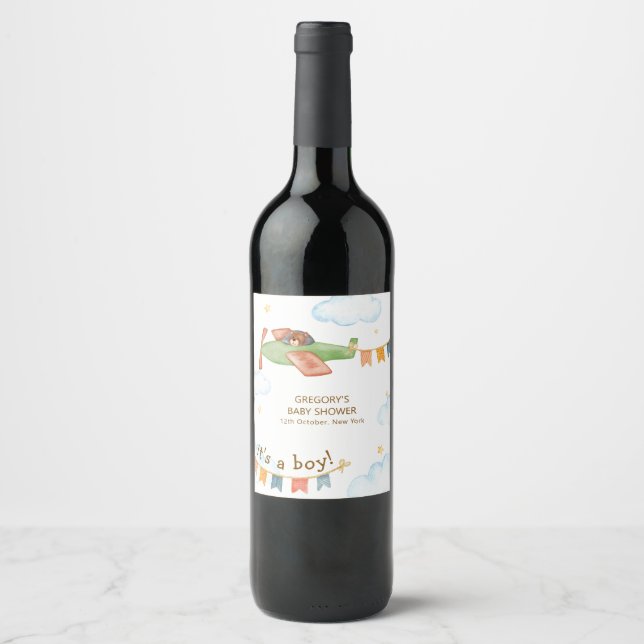 It's A Boy Bear Airplane Sky Baby Shower  Wine Label (Front)