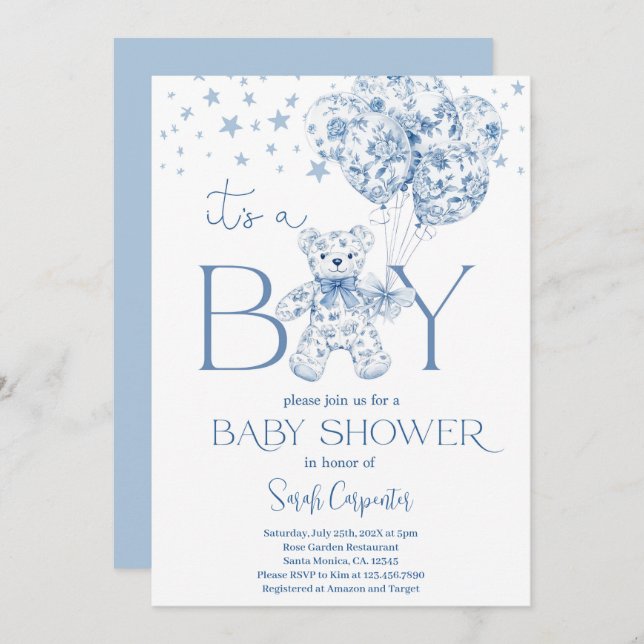 It's a Boy Bear Baby Shower Boy Invitation (Front/Back)