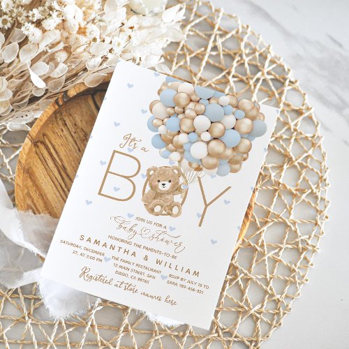 Its a Boy Bear Blue Balloon Heart Baby Shower Invitation