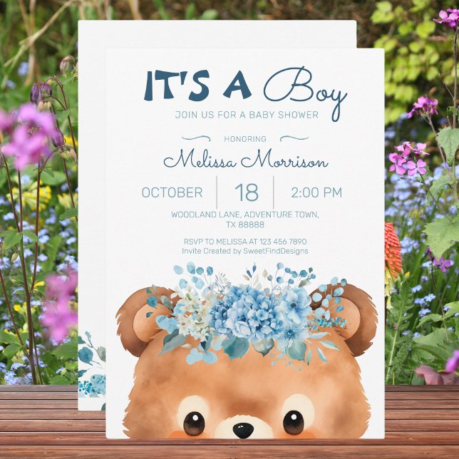 It's a boy Bear Floral Blue Baby Shower Invitation (It's a boy Bear Floral Blue Baby Shower Invitation)