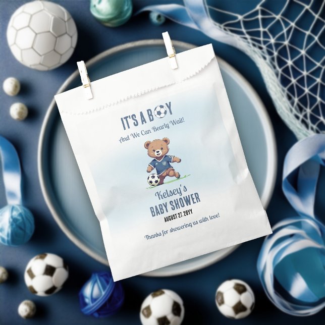 It's A Boy Bearly Wait Soccer Player Baby Shower Favor Bag (Cute Blue "It's A Boy and We Can Bearly Wait!" Teddy Bear Soccer Player Boy Baby Shower Favor Bag)