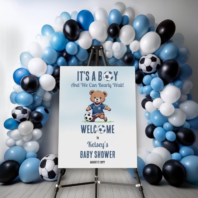 It's A Boy Bearly Wait Soccer Player Baby Shower Foam Board (Cute Blue "It's A Boy and We Can Bearly Wait!" Teddy Bear Soccer Player Boy Baby Shower Foam Board)