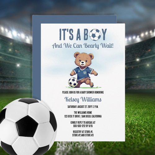 Its A Boy Bearly Wait Soccer Player Baby Shower Invitation