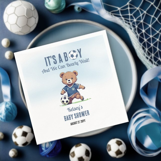 It's A Boy Bearly Wait Soccer Player Baby Shower Napkins (Cute Blue "It's A Boy and We Can Bearly Wait!" Teddy Bear Soccer Player Boy Baby Shower Napkins)