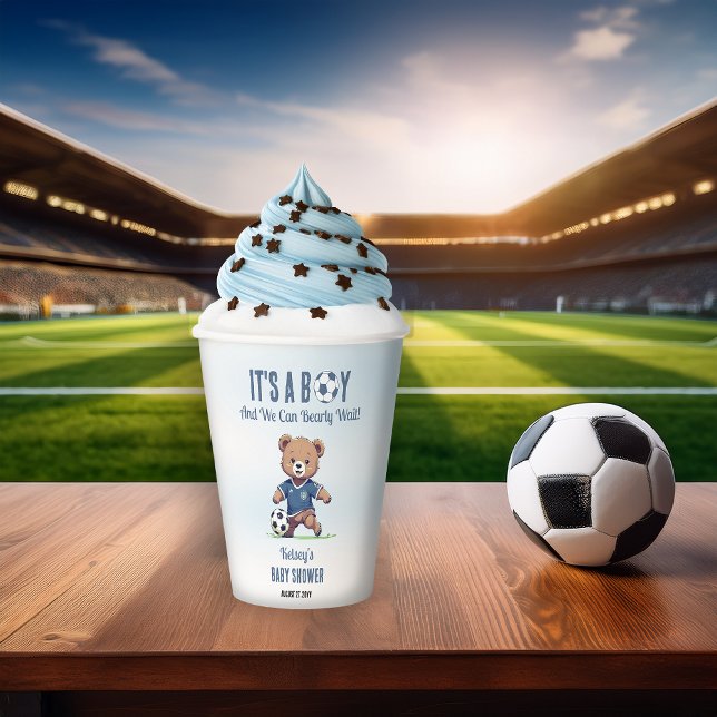It's A Boy Bearly Wait Soccer Player Baby Shower Paper Cups (Cute Blue "It's A Boy and We Can Bearly Wait!" Teddy Bear Soccer Player Boy Baby Shower Paper Cups)