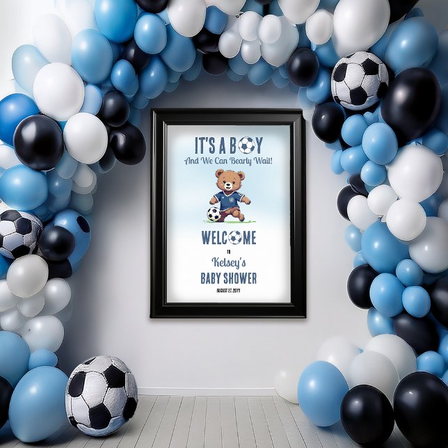It's A Boy Bearly Wait Soccer Player Baby Shower Poster (Cute Blue "It's A Boy and We Can Bearly Wait!" Teddy Bear Soccer Player Boy Baby Shower Poster)