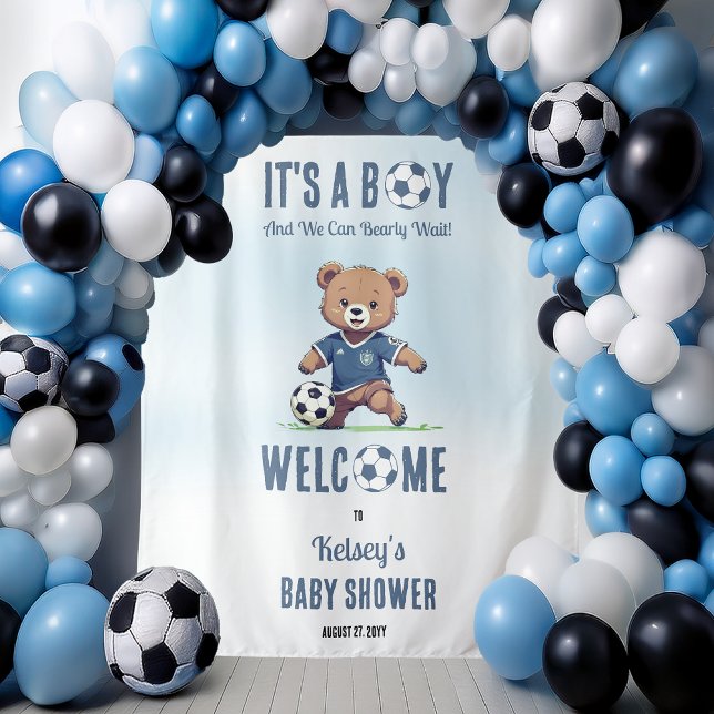 It's A Boy Bearly Wait Soccer Player Baby Shower Tapestry (Cute Blue "It's A Boy and We Can Bearly Wait!" Teddy Bear Soccer Player Boy Baby Shower Backdrop)