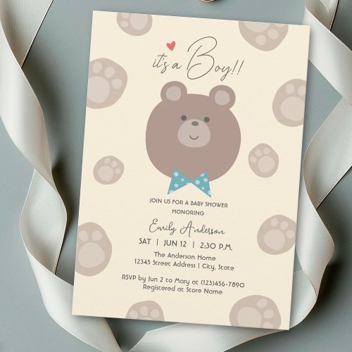 Its a Boy Beary Cute Brown Teddy Bear Baby Shower Invitation
