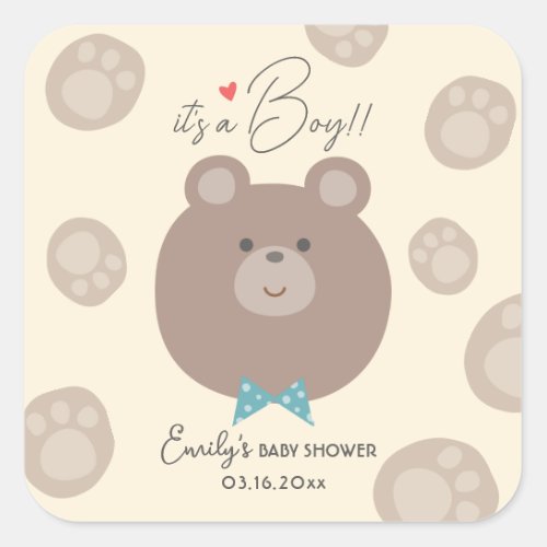 Its a Boy Beary Cute Brown Teddy Bear Baby Shower Square Sticker