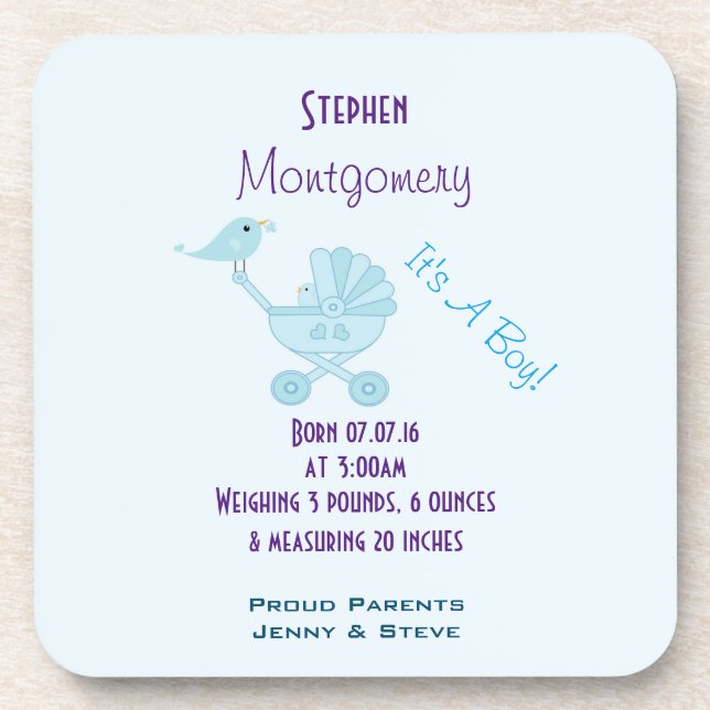 It's A Boy Birth Announcement Baby Bird Beverage Coaster (Front)