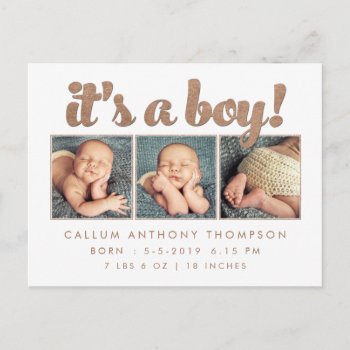 It's A Boy Birth Announcement Photo Postcard by Pip_Gerard at Zazzle