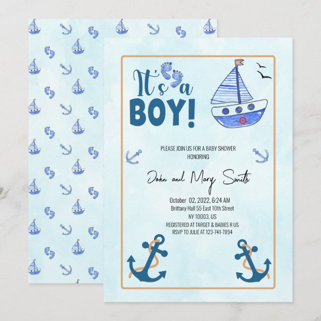 its a boy birth Nautical Sailboat baby shower Invitation (Front/Back)