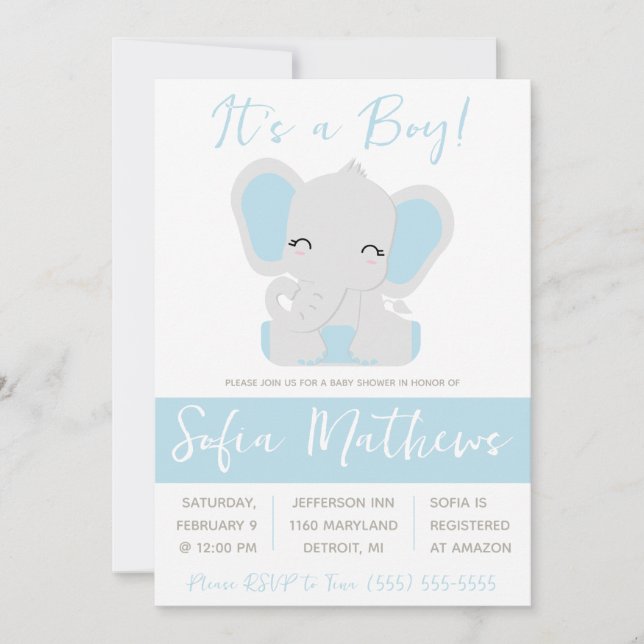 It's a Boy!  Blue and Gray Elephant Baby Shower Invitation (Front)
