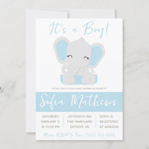 It's a Boy!  Blue and Gray Elephant Baby Shower Invitation
