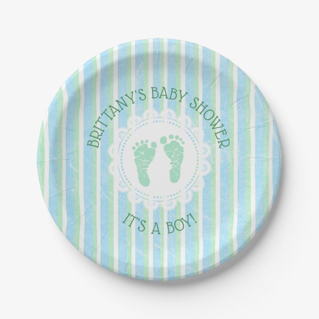 Its a boy, Blue and Green Striped Baby Shower Paper Plates (Front)
