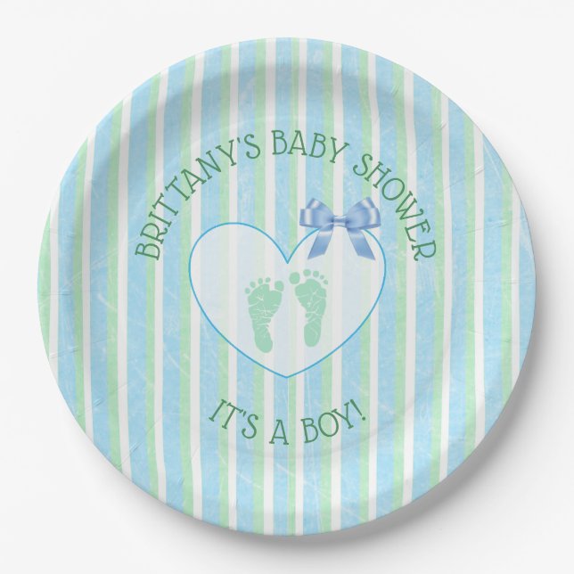 Its a boy, Blue and Green Striped Baby Shower Paper Plates (Front)