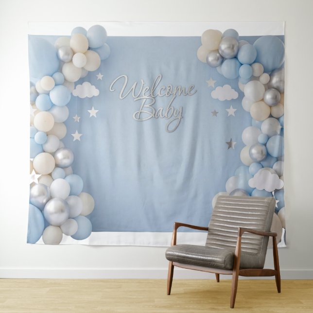 It's a Boy Blue Baby Balloon Arch Backdrop  (In Situ (Horizontal))