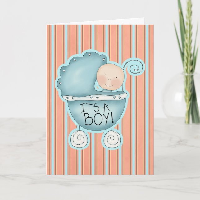 It's a Boy! Blue Baby Buggy Congratulations Card (Front)
