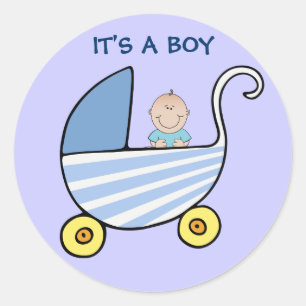 It's A Boy Blue Baby Carriage Shower Announcement Classic Round Sticker