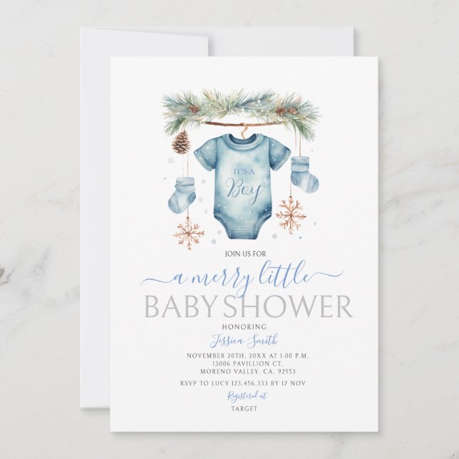 It's A Boy Blue Baby Clothes Winter Baby Shower Invitation (Front)