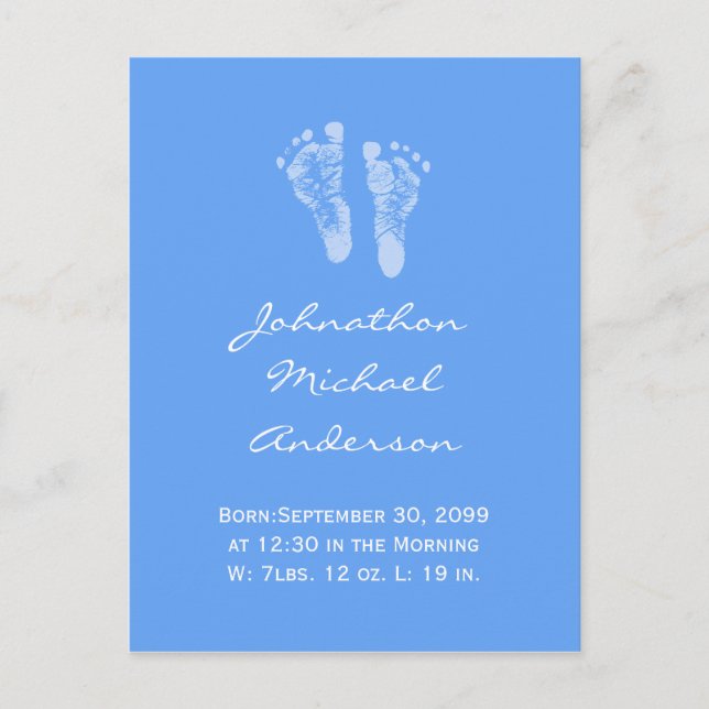 Its a Boy Blue Baby Footprints Birth Announcement (Front)