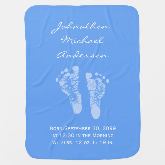 Its a Boy Blue Baby Footprints Birth Announcement Blanket (Front)