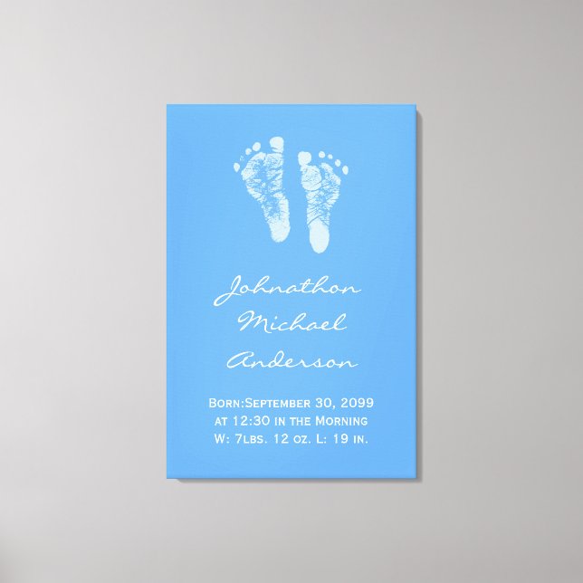 Its a Boy Blue Baby Footprints Birth Announcement Canvas Print (Front)