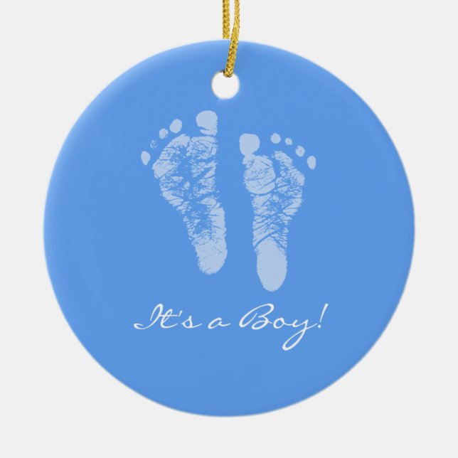 Its a Boy Blue Baby Footprints Birth Announcement Ceramic Ornament (Front)